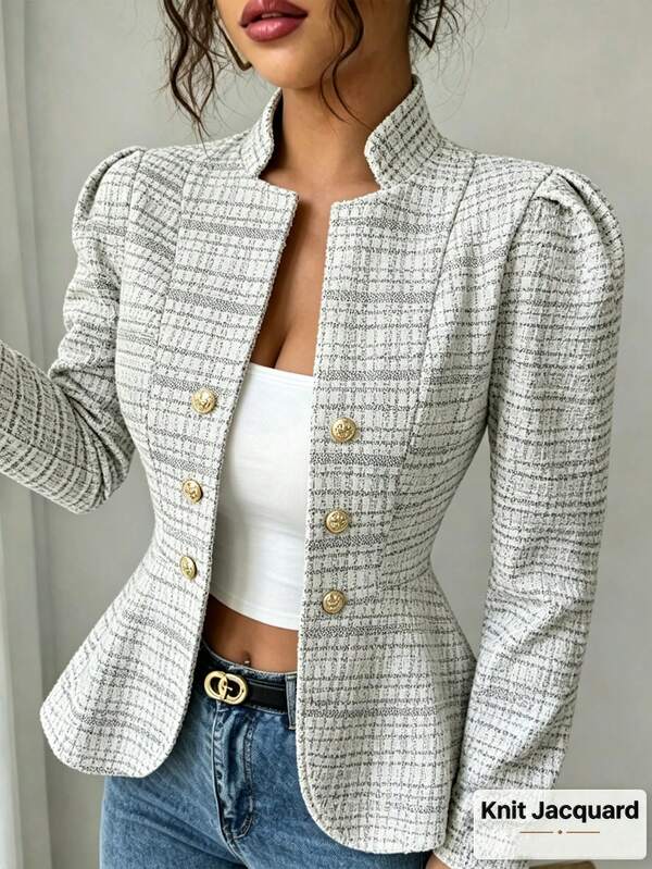 SHEIN Elenzya New Women's Tweed Knit Cardigan With Stand Collar, Long Sleeves, Decorative Buttons, Cinched Waist, Short Fishtail Design, Elastic Fabric, Fashionable, Young, Slimming, Height-Enhancing, Elegant, Versatile For Daily Commute