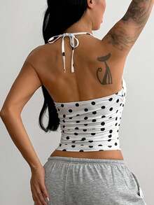 Coolane Women's Summer Polka Dot Halter Neck Tank Top With Built-In Bra Pads, Backless Ruched Slim Fit Sleeveless Y2K Workout Crop Cami - White - View 4