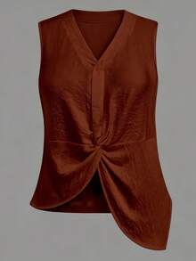 Linhara CURVE Plus Size Solid Color V-Neck Twist Front Asymmetrical Hem Sleeveless Top - Brown - View 6