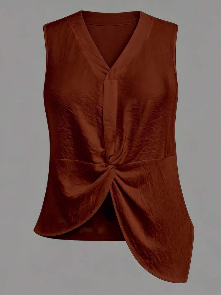 Linhara CURVE Plus Size Solid Color V-Neck Twist Front Asymmetrical Hem Sleeveless Top - Brown - View 6