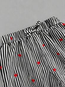 SHEIN 女童小女孩春夏新款時尚休閒簡約白色印花T恤與黑白條紋長褲針織兩件套，適合日常穿著 - 黑與白 - 查看 5