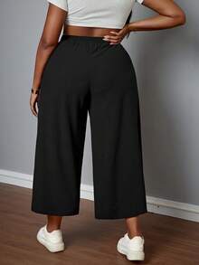 SHEIN PETITE CURVE 大尺碼女款純色休閒百搭寬鬆短版棉質長褲 情人節 - 黑色 - 查看 2