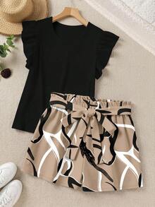 SHEIN LUNE Elegant Solid Color Ruffle Top And Printed Shorts 2 Pieces Set, Summer - Multicolor - View 1