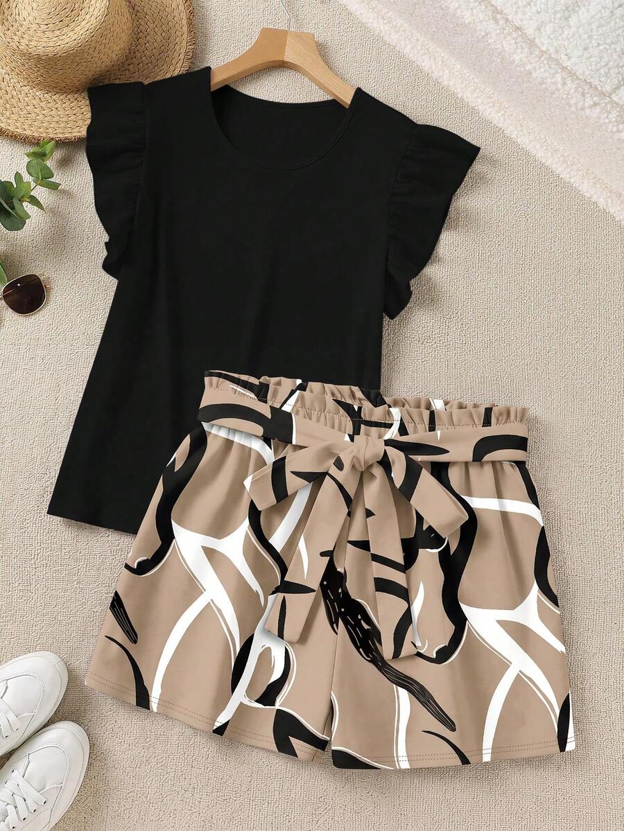 SHEIN LUNE Elegant Solid Color Ruffle Top And Printed Shorts 2 Pieces Set, Summer - Multicolor - View 1
