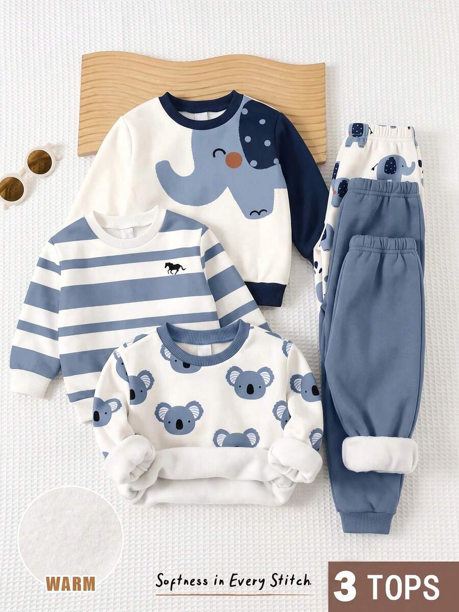 Baby Boy Crew Neck Casual Pullover Sweatshirt, Classic Retro Cute Color Block Patchwork Pattern Print, Classic Cartoon Elephant Pattern Print, Classic Animal Sloth Pattern Print, 3pcs Set, Suitable For Autumn/Winter - Multicolor - View 1
