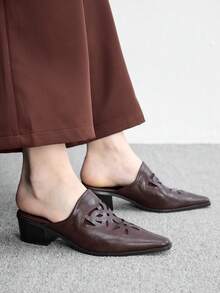 CUCCOO BIZCHIC Pointed Embossed Mules Shoes, Retro Western Style Thick Heel Mules Shoes Fall Shoes - Coffee Brown - View 1