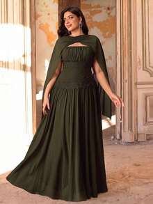 Aureia Plus Size Elegant Classy Olive Green Strapless Ruched Applique Shawl Asymmetrical A-Line Dress Wedding Formal Evening Dinner Winter - Army Green - View 4