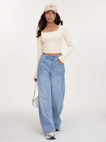 SHEIN Tall CURVE 3 قطع تي شيرت نسائي مقاس كبير بلون موحد وياقة مربعة بقصة ضيقة متعددة الاستخدامات للاستخدام اليومي بأكمام طويلة - متعدد الألوان - مشاهدة 6