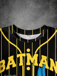 BATMAN X SHEIN 男童休闲条纹卡通图案圆领短袖T恤，夏季 - 白色 - 查看 3