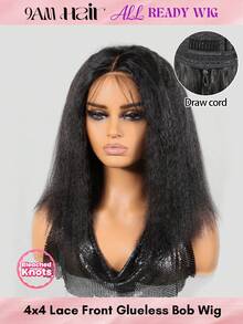 ALL READY WIG Kinky Straight 無膠 Bob 短髮假髮，可調節彈性抽繩人造髮蕾絲假髮，女用全就緒假髮，預漂白、預拔髮、預剪蕾絲融合 4x4 蕾絲封口無膠假髮，含前髮，100% 真人髮 - Natural Black - 查看 16
