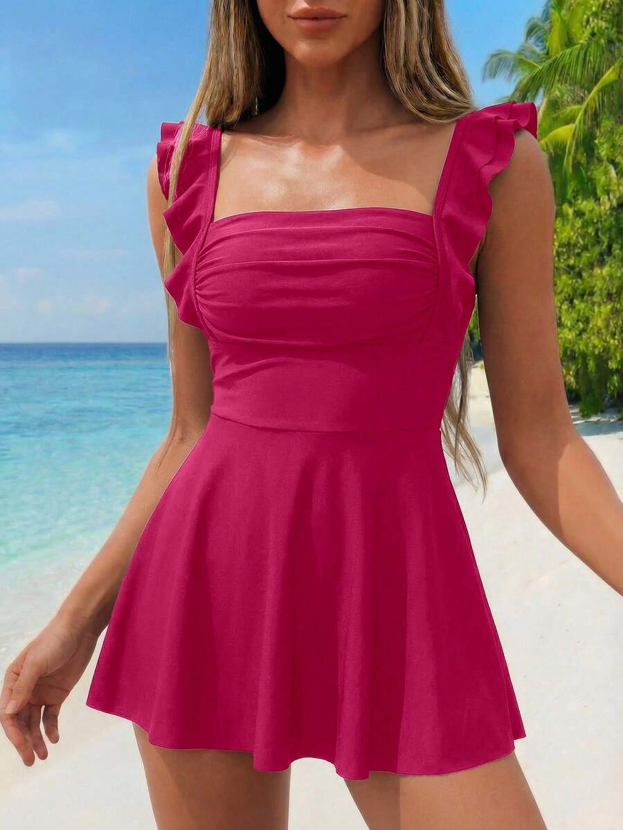 Swim Lushoire 女款海灘抓褶荷葉邊袖口連身泳衣 - 酒紅色 - 查看 1