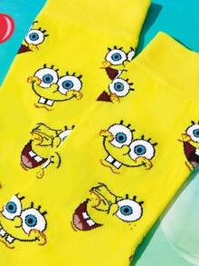 SpongeBob SquarePants | SHEIN 1雙女款卡通角色與字母圖案拼色中筒襪 - 黃色 - 查看 3