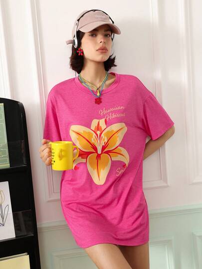 Chillnights Gaun Tidur Kasual Wanita Motif Huruf dan Bunga untuk Liburan, Leher Bulat