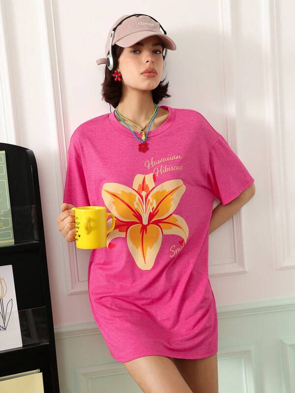 Chillnights Women's Vacation Letter & Floral Print Round Neck Casual Nightgown