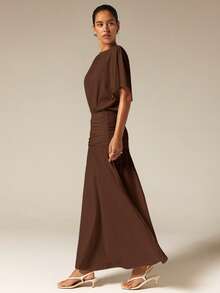 COSMINA Women's Vintage Solid Color Pleated Elegant Mermaid Hem Dress - Brown - View 4