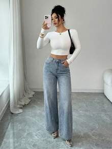 DAZY Jeans de pierna ancha con lavado y adornos de diamante de imitación para mujer, otoño - Azul - Ver 3