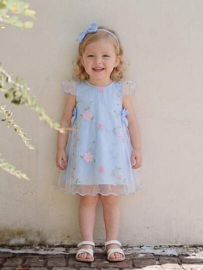 SHEIN Baby Girl Newborn 0-3Y Light Blue Floral Princess Style 3D Mesh Bow Decor Dress,Cute Summer Birthday Party Evening Vacation Spring Summer Outfit