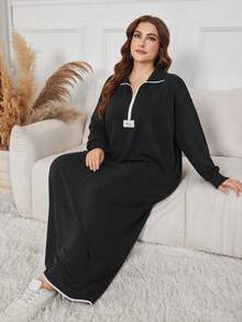 Lacomfia Autumn/Winter Zipper Patchwork Knit Texture Contrast Color Patchwork Turn Collar Loose Fit Versatile Plus Size Women's Sweatshirt Dress - Black and White - View 3