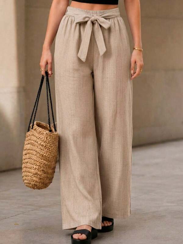 Women's Wide Leg Pants, Elegant And Casual. Natural Waist Fit And Mid-Waist Ribbon. Shoulder Free. Texture Without Prints. Very Fresh, Light And Comfo