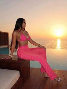 Slaydiva 2026休閒熱帶海灘派對度假泳裝比基尼＋側褶半透彈性布料長褲罩衫 3件套 性感粉色夏季 - 玫紅色 - 查看 1