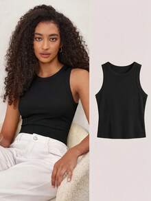 SHEIN BASICS Women's Solid Color Round Neck Ribbed Casual Versatile Tank Top - Multicolor - View 2