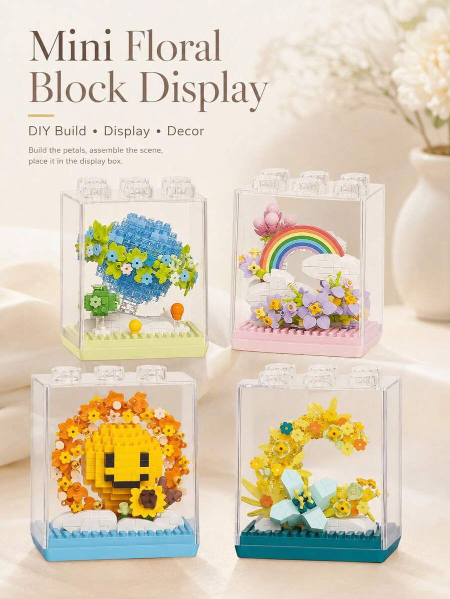 Zazumi 1pc Floral Wreath Micro Brick Building Set With Dust Cover, 3D Flower Wreath Puzzle Kit With Cloud & Rainbow Accents, Ideal For Home Desk, Shelf Decor, Relaxing Activity,