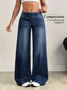 Flexra Plus Size Fashion Mid-Blue Denim Washed Wide Leg Pants - Dark Wash - View 8