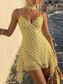 Skyraze Women's Summer Elegant Romantic Gothic Cottagecore Tropical Cute Polka Dot Yellow Print Spaghetti Strap Vacation Picnic Brunch Halloween - Yellow - View 3