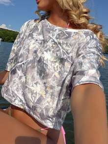 Sydney Algeri Top corto de manga corta de punto con estampado de camuflaje para mujer, verano - Albaricoque - Ver 5