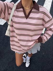 Muchica 女款 Polo 領長袖寬鬆衛衣，休閒極簡日常百搭派對機場 Y2K 上衣，粉棕條紋印花圖案，夏季外出穿搭 - 彩色 - 查看 4