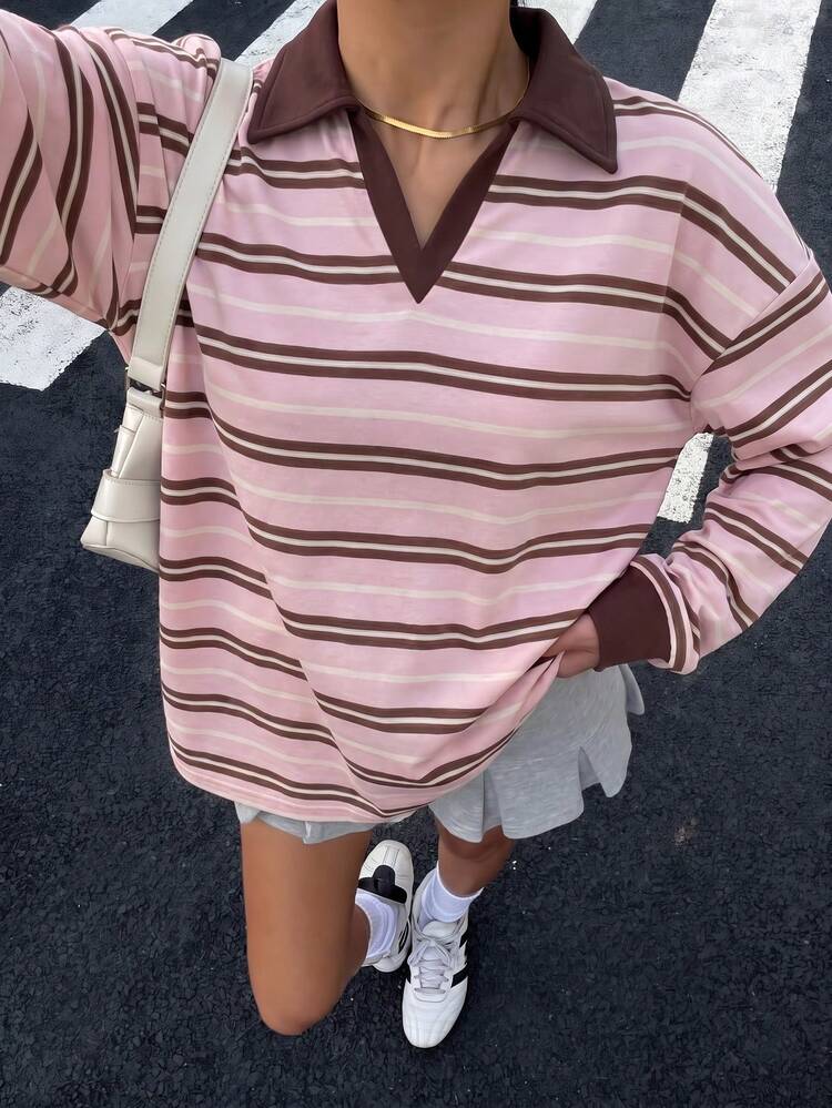 Muchica Women's Polo Collar Long Sleeve Loose Sweatshirt, Casual Minimalist Daily Versatile Party Airport Y2K Tops, Pink Brown Striped Print Pattern, Summer, Outing - Multicolor - View 4