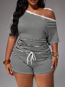 Rustia Women's Plus Size 2-Piece Set, Asymmetrical Shoulder Asymmetrical Short Sleeve T-Shirt + Striped Shorts, Elegant Cute Vacation Casual Homewear, Spring/Summer - Black and White - View 1