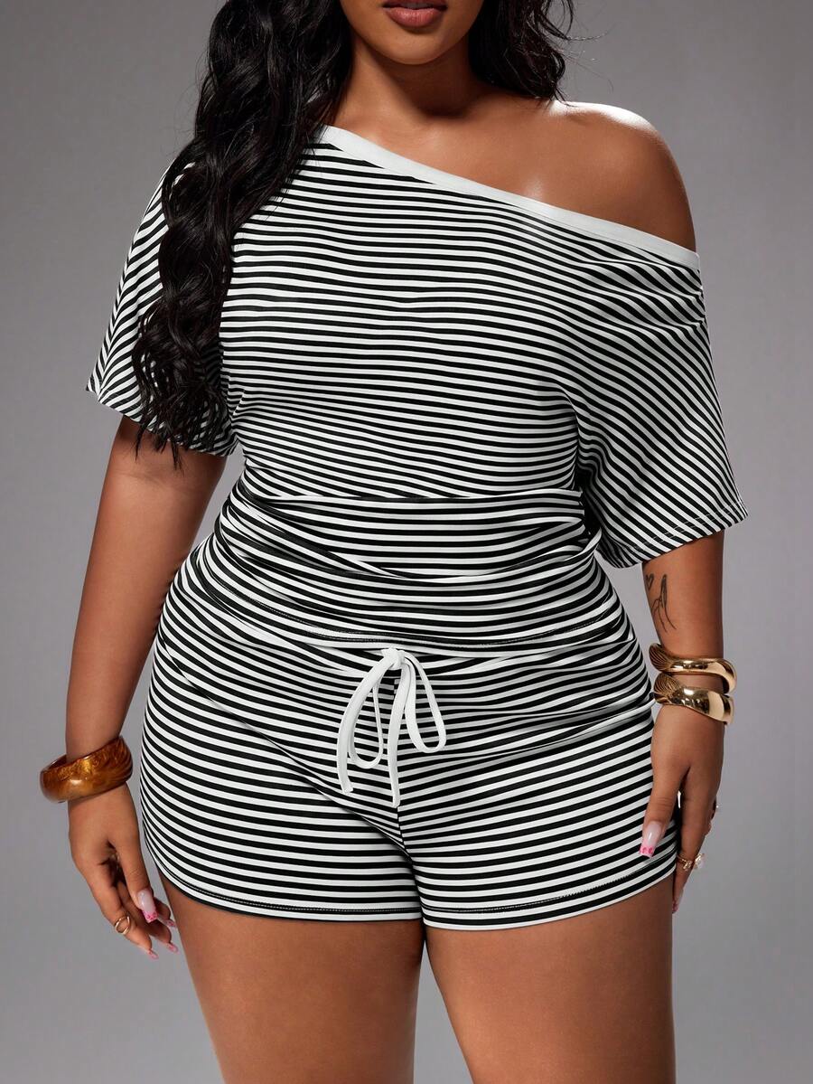 Rustia Women's Plus Size 2-Piece Set, Asymmetrical Shoulder Asymmetrical Short Sleeve T-Shirt + Striped Shorts, Elegant Cute Vacation Casual Homewear, Spring/Summer - Black and White - View 1