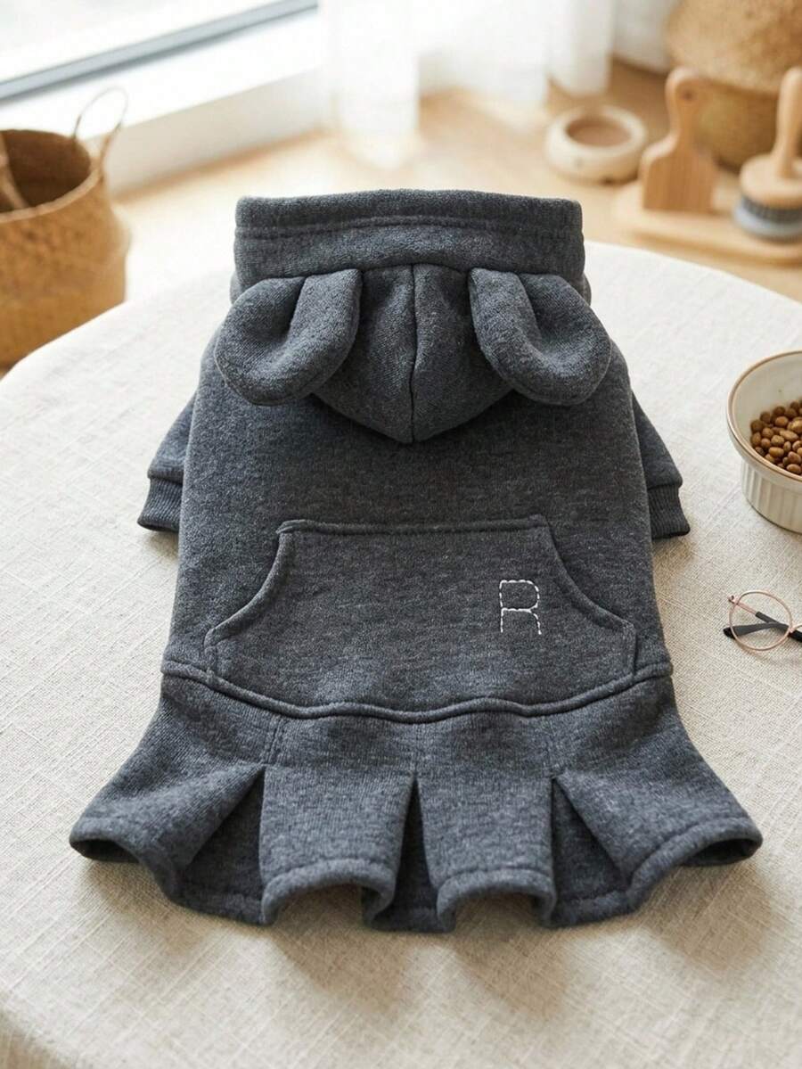 PETSIN 1pc Pet Dark Gray Hooded Pleated Skirt, A Universal Clothing For Cats And Dogs, Suitable For Casual Daily Wear In Spring And Autumn Weather, And For Outdoor Walks - Dark Grey - View 1