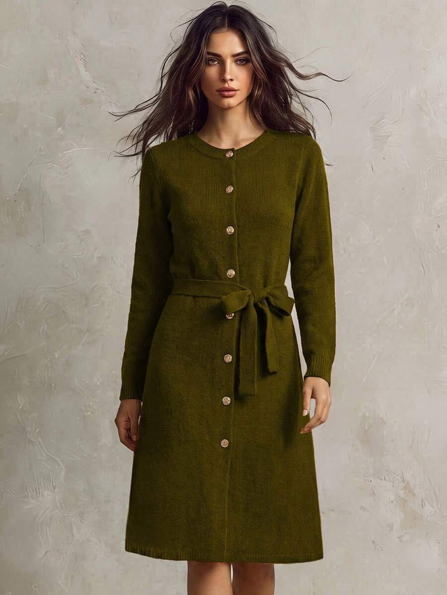 SHEIN Franclia 女士圆领纽扣配腰带长款针织毛衣裙 - 軍綠色 - 查看 1