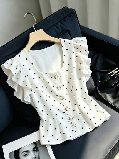 SHEIN Franclia เสื้อเชิ้ตผู้หญิงลายจุดพลีทลำลองอเนกประสงค์สำหรับใส่ทุกวันและเดินทาง