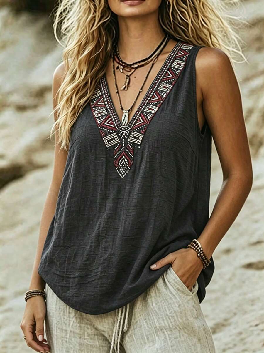 Linhara CURVE Plus Size Women Retro Boho Casual Printed Linen Blend Comfortable Camisole Vacation Navy Blue Summer - Black - View 1