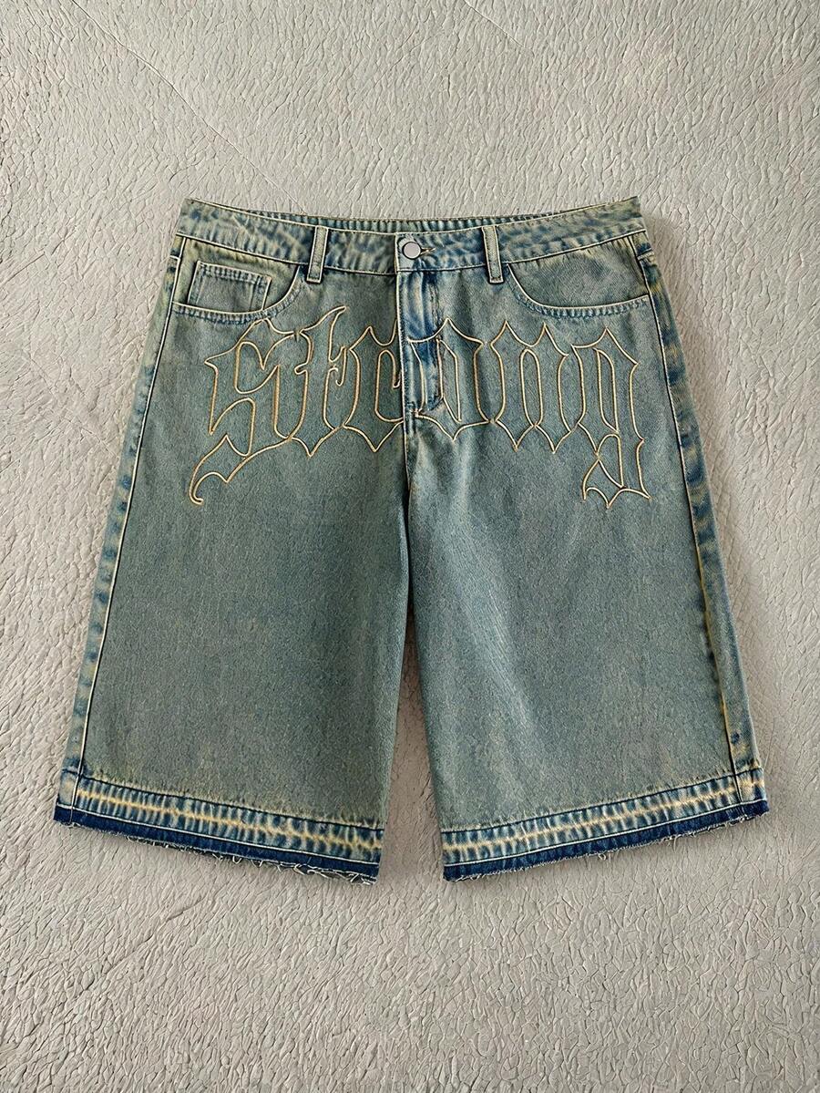 FRESIVO 男士刺繡水洗復古短褲 - 藍色 - 查看 1