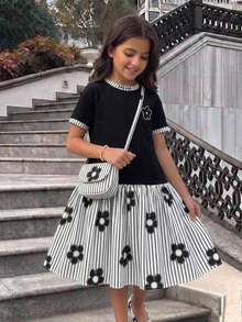 SHEIN Tween Girl Casual Daily Versatile Comfortable Round Neck Short Sleeve Patchwork Dress - Black - View 1