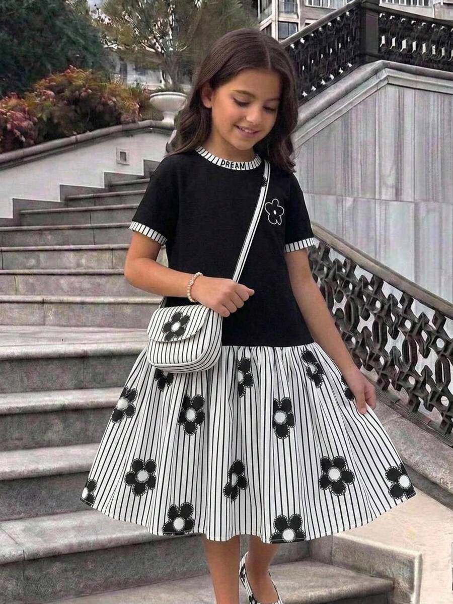 SHEIN Tween Girl Casual Daily Versatile Comfortable Round Neck Short Sleeve Patchwork Dress - Black - View 1