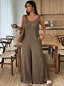 Weeklong Jumpsuit Rajut Tanpa Lengan Polos Wanita Ukuran Plus Musim Semi/Panas 2026, Rompi Santai Kasual dengan Tali O-Ring dan Kaki Lebar untuk Pakaian Sehari-hari & di Rumah - Coffee Brown - View 8