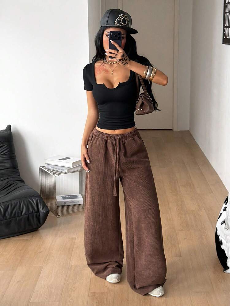 Coolane Women's Solid Color Drawstring Waist Casual Versatile Daily Wide Leg Pants - Brown - View 2