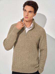 Manfinity CasualKnits 秋冬新款部落客風時尚設計 3D 扭繩圖案半開領套頭毛衣 - 卡其色 - 查看 5