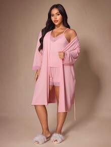 Lazeform Plus Size Solid Color Soft Lace Pajama Set, Women's Home Wear Camisole Long Sleeve Tie-Front Robe 4-Piece Set - Pink - View 2