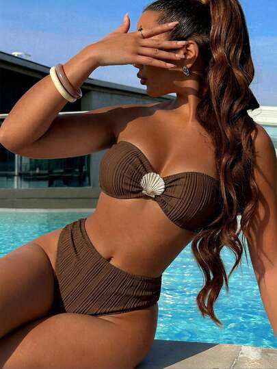 Swim SXY Swim Women's 2-Piece Bikini Set, Summer New Solid Color Jacquard Fabric Bandeau Top With Back Tie And Detachable Spaghetti Straps, High Waist Shorts With Metal Shell Decoration, Casual Beach Swimwear