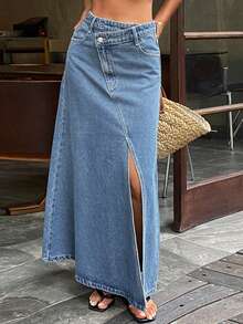 DAZY Women's Asymmetrical Slit Design Urban Casual Denim Skirt Fall Vacation - Medium Wash - View 1