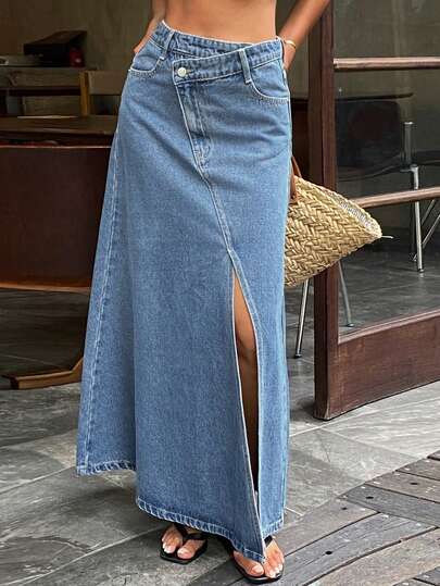 DAZY Women's Asymmetrical Slit Design Urban Casual Denim Skirt