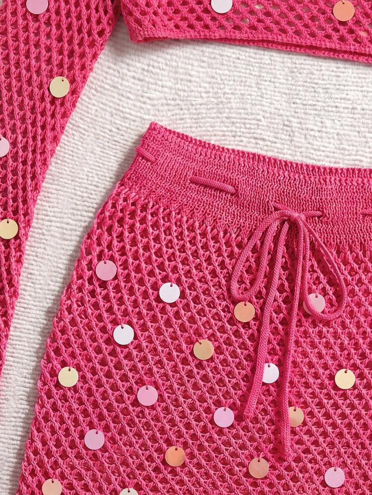 Soleia Women's Sexy European Jamaican Vacation Sequin Cropped Long Sleeve Top And Tie-Up Mini Skirt Cover-Up Set Beach Vacation Hot Pink Summer - Hot Pink - View 6