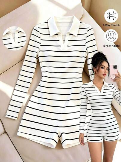 SHEIN Raffinéa Autumn/Winter New Striped Polo Collar Women's Jumpsuit, Casual Sports College Style Elegant Women's Romper