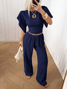 SHEIN EZwear Navy Blue Knitted Women's Crew Neck T-Shirt And Pants Casual Loungewear Set - Navy Blue - View 6